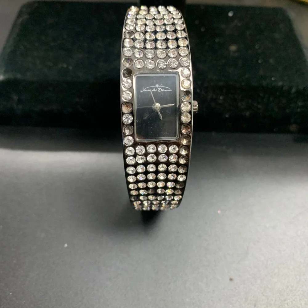 Senso di Donna Rhinestone Bangle Watch Silver Tone Black Dial Quartz Cuff